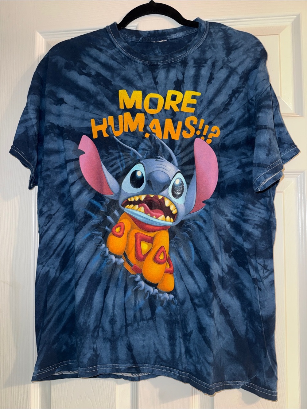 Disney Navy Tie-Dye Stitch "More Humans!?" Graphic Tee